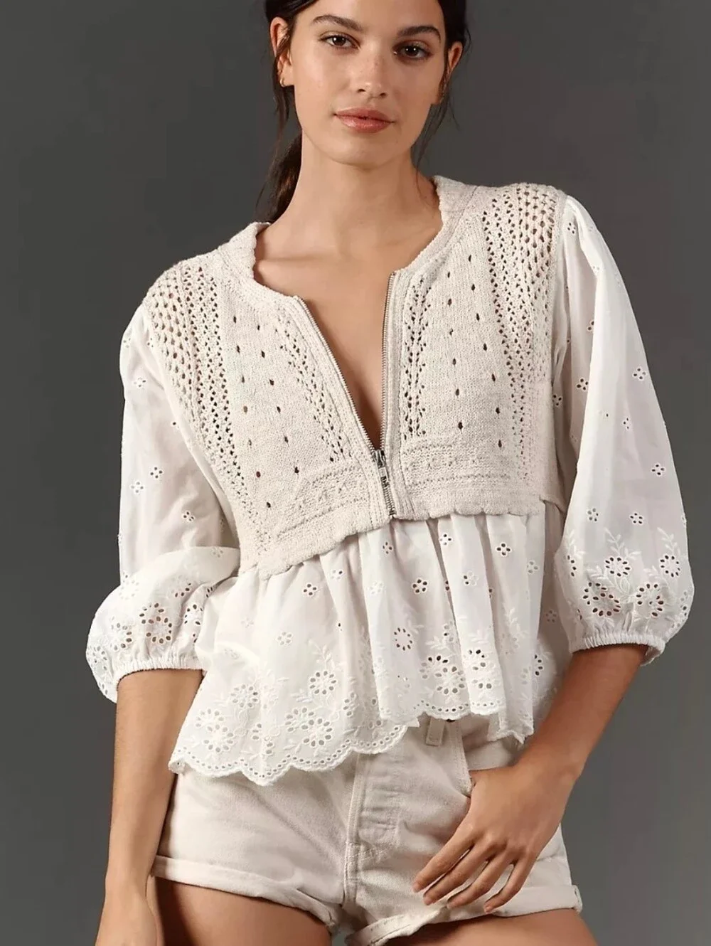 Anthropologie Half-Zip Sweater Vest Eyelet Knit  Blouse Cream Sz XLarge NWT$148